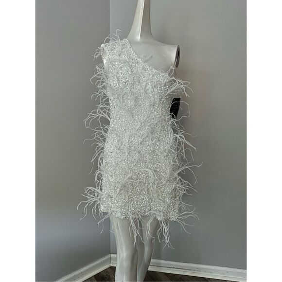 NWT Retrofete One Shoulder Sina Ostrich Feather Bodycon Mini Dress White Small $ - Picture 7 of 15